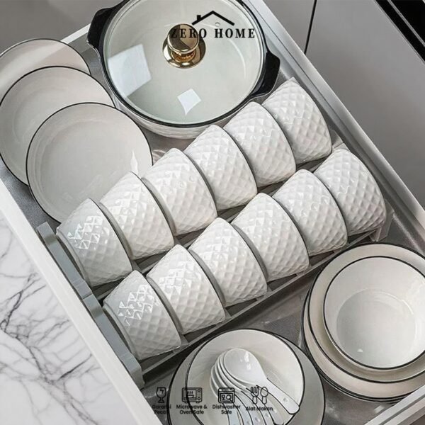 Set Piring & Mangkuk Keramik Putih Tebal List Hitam 4 Pcs