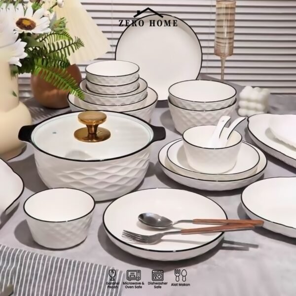 Set Piring & Mangkuk Keramik Putih Tebal List Hitam 4 Pcs