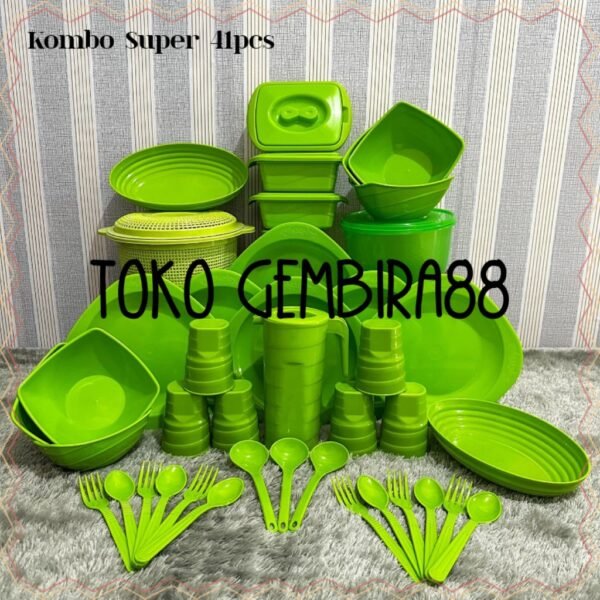 Set Kombo Super 41pcs / Piring segi / Mangkok Segi / Gelas Ulir 450ml