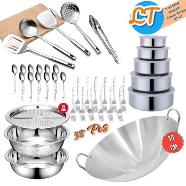 Paket Wajan Stainless 30cm + Baskom 3in1 + Rantang 5in1 + spatula stainless 4in1 + Jepitan dan sendok garpu
