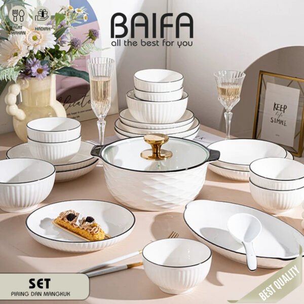 SET 4 Piring & Mangkuk Makan Keramik Modern Putih
