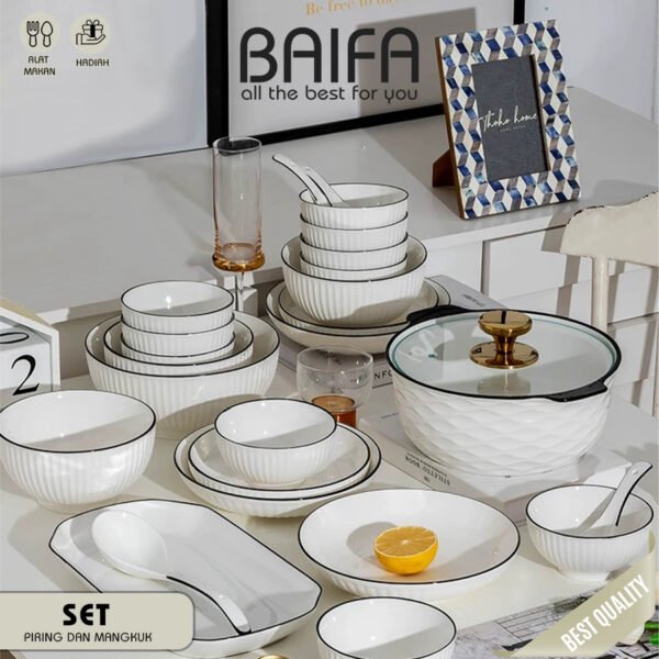 SET 4 Piring & Mangkuk Makan Keramik Modern Putih