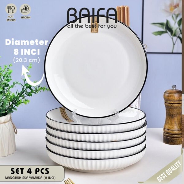 SET 4 Piring & Mangkuk Makan Keramik Modern Putih
