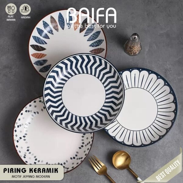 SET 4 Piring & Mangkuk Makan Keramik Modern Putih