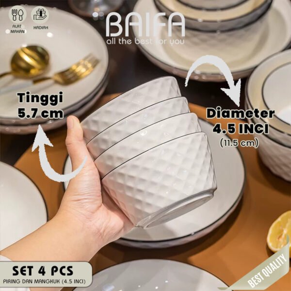 SET 4 Piring & Mangkuk Makan Keramik Modern Putih