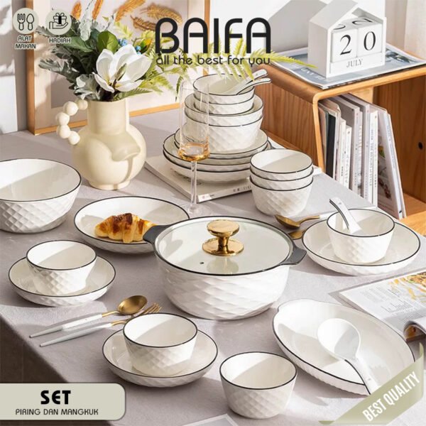 SET 4 Piring & Mangkuk Makan Keramik Modern Putih