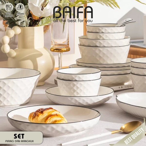 SET 4 Piring & Mangkuk Makan Keramik Modern Putih