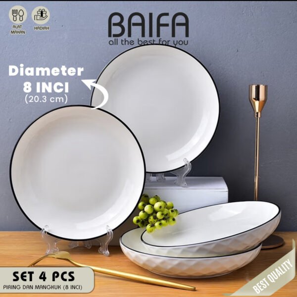 SET 4 Piring & Mangkuk Makan Keramik Modern Putih