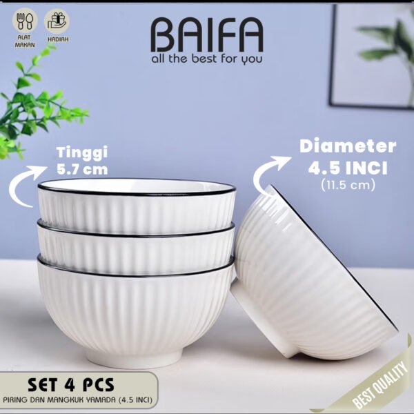 SET 4 Piring & Mangkuk Makan Keramik Modern Putih