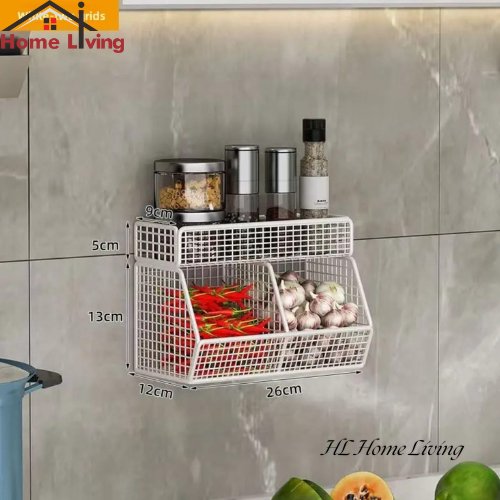 Rak Keranjang Jaring Tempel Dinding Rak Bumbu Dapur Rak Bawang