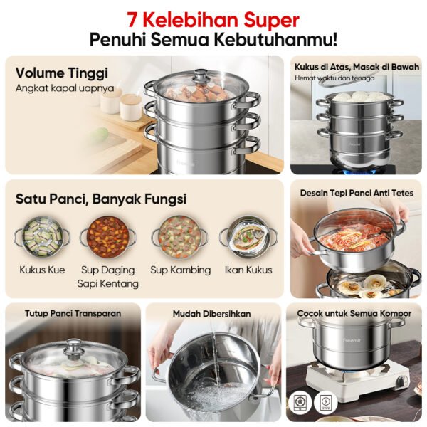 Panci sup kukus stainless steel 26cm dengan tutup 2/3 Susun