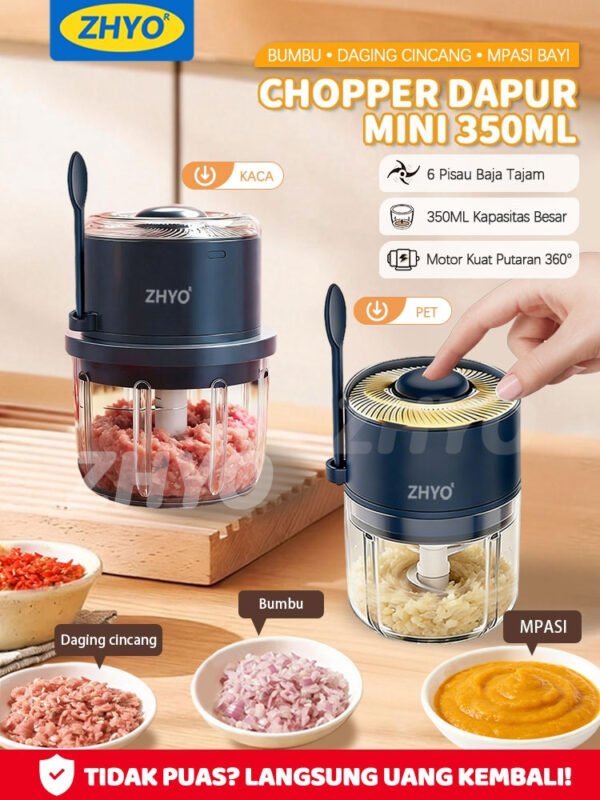 Mini Food Chopper Wireless 350ml dengan Cup Kaca Borosilikat 6 Pisau Tajam dan Motor Kuat untuk Giling Daging Ayam Bawang Cabai dan Bumbu Dapur