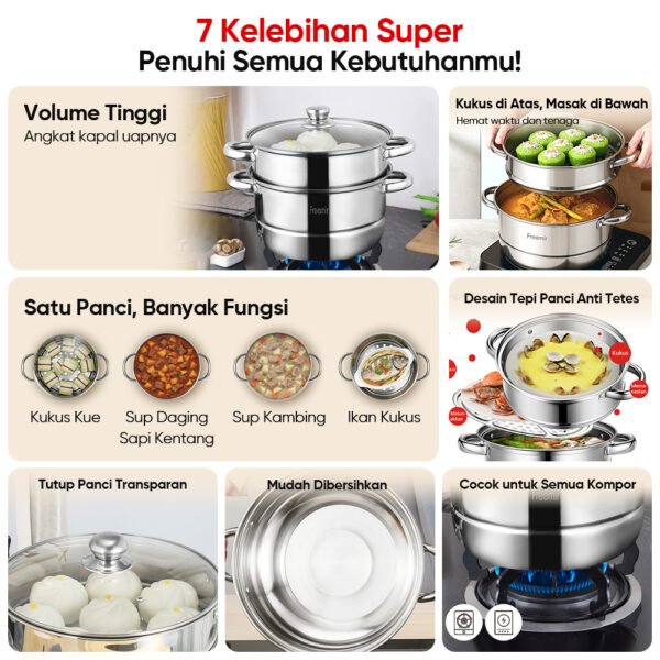 Panci Kukus Stainless Steel 3/2 Tingkat Panci Rebus Steamer