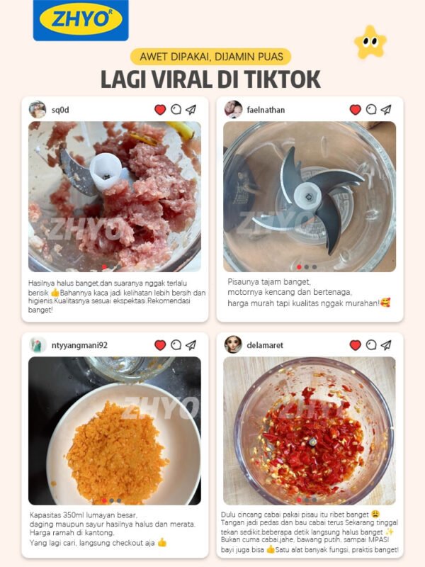 Mini Food Chopper Wireless 350ml dengan Cup Kaca Borosilikat 6 Pisau Tajam dan Motor Kuat untuk Giling Daging Ayam Bawang Cabai dan Bumbu Dapur