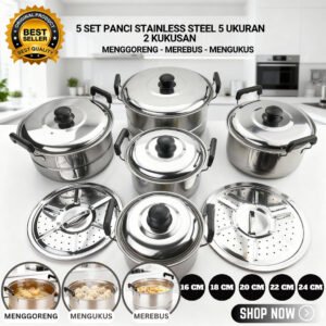 Panci 5 Set + Tutup Sainless 5 Set + 2 Pcs Saringan
