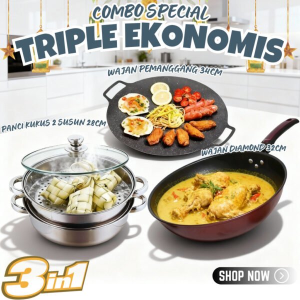 TRIPLE EKONOMIS 3IN1 (WAJAN BATU MEDIS 32CM + WAJAN GEPENG 34CM + PANCI KUKUS 2 SUSUN)
