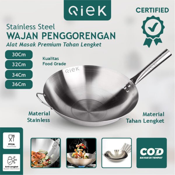 Qiek Wok Stainless Steel Kuali Wajan Penggorengan Anti Lengket 32cm